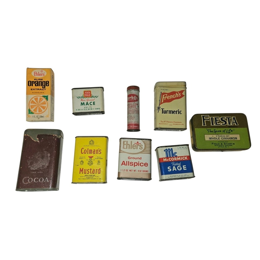 Vintage Spice Tin Lot 9 Retro Kitchen Pantry Decor McCormick Frenchs Ehlers Utic
